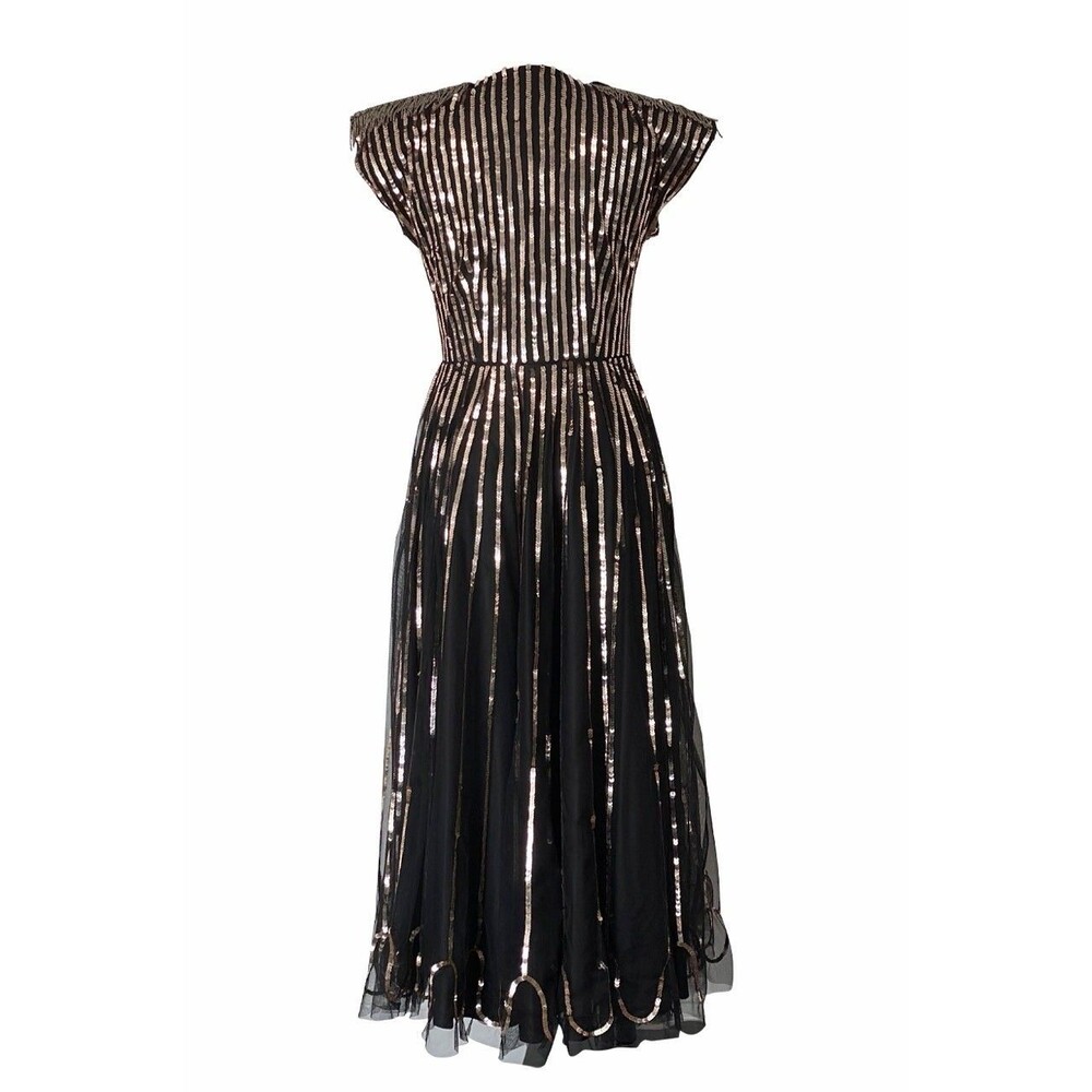 SETA Sarkisian Dress Small NWT Black Gold Sequin Embellished Deep V Maxi Gown - Picture 2 of 16